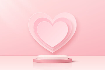  Pink and white cylinder podium, realistic 3d stand with heart shape backdrop on pink room background. Valentine’s day scene for product display, promotion, advertising.