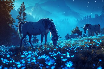 Magical unicorns grazing, moonlit glade, enchanted forest.