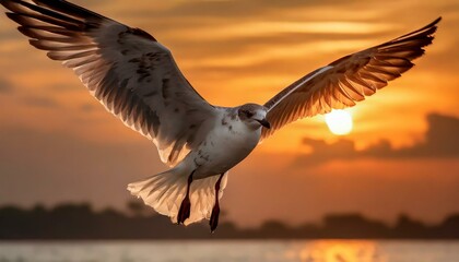 a seagull in flight against a sunrise sky, using warm hues to evoke a sense of morning tranquility and the bird's graceful journey through the dawn.
