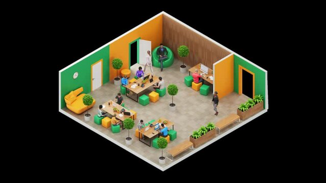 Colorful coworking space is in 3D Isometric Style. Loop Animation. Alpha channel