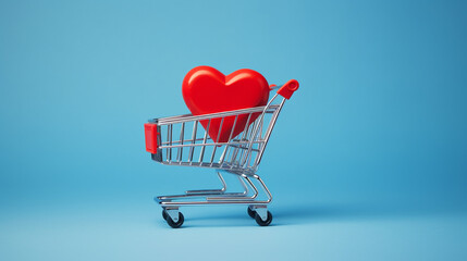 Red heart lying in a shopping cart on a blue background, Valentine's Day symbolism. Generative AI