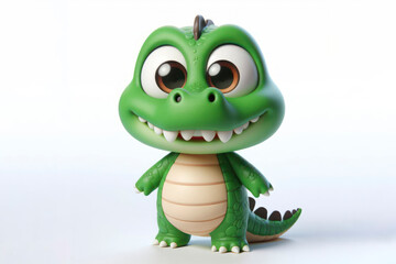 full body little cute happy crocodile 3d character with bulging eyes on solid a white background. ai generative