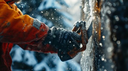 In a winter wonderland, a craftsman carefully shapes a piece of ice into an intricate sculpture, highlighted by the stark contrast of ice and snow.