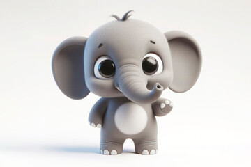 full body little cute happy elephant 3d character with bulging eyes on solid a white background. ai generative