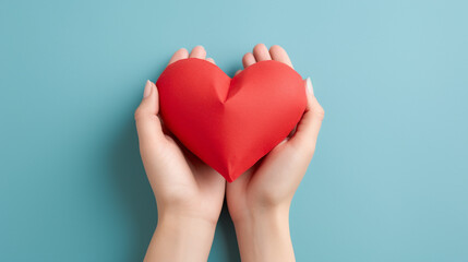 Fototapeta premium A voluminous heart lying in a woman's hands, a minimalistic composition with the symbolism of love. Generative AI