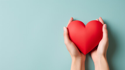A voluminous heart lying in a woman's hands, a minimalistic composition with the symbolism of love.  Generative AI