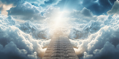 Abstract representation of a stairway to heaven path adorned with clouds and a peaceful dove,  - obrazy, fototapety, plakaty