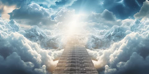 Foto op Canvas Abstract representation of a stairway to heaven path adorned with clouds and a peaceful dove,  © Muhammad