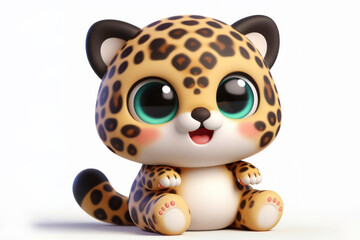full body little cute happy leopard 3d character with bulging eyes on solid a white background. ai generative