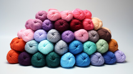 Close-up of multicolored balls of woolen threads made in a weaving factory, highlighting the manufactory and sewing production.