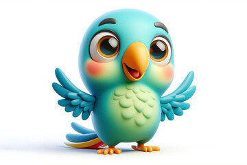 full body little cute happy parrot 3d character with bulging eyes on solid a white background. ai generative