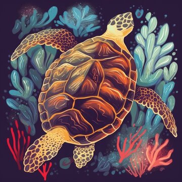 Underwater marine life.  illustration with sea turtle, Generative AI 