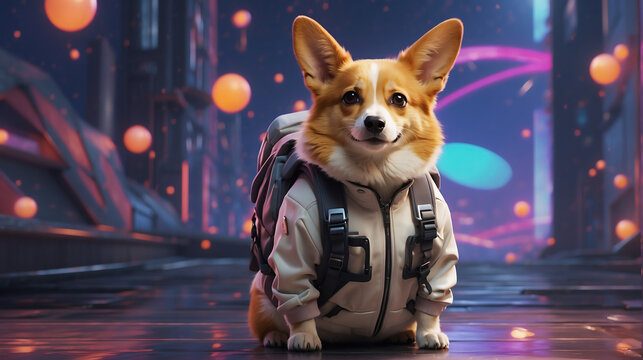 Corgi with a spacesuit and backpack exploring new planets. Wanderlust dog in futuristic concept