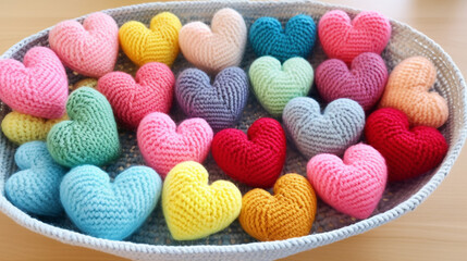 Colorful knitted hearts lying in a basket, Valentine's Day symbolism, textiles. Generative AI