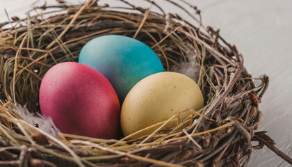 Close up of colorful Easter eggs in nest, religious holiday celebration banner 