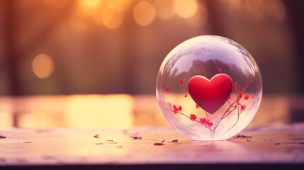 A delicate heart in the middle of a transparent glass ball, on a blurred background. Generative AI
