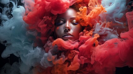 Beautiful sensual woman with closed eyes covered in colorful smoke (Generative AI) - obrazy, fototapety, plakaty