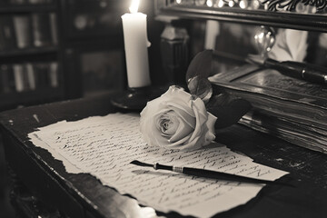 Naklejka na ściany i meble Red Rose and Vintage Handwritten Letter 