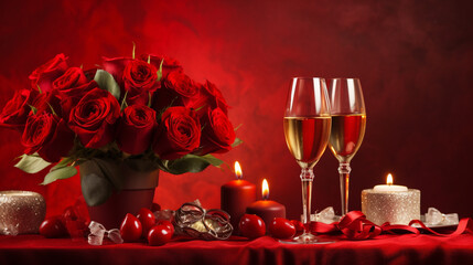 A beautifully serverted Valentine's Day table, all in red tones decorated with red roses. Generative AI