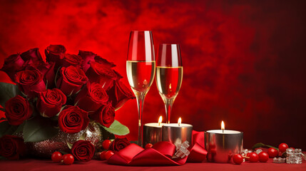 A beautifully serverted Valentine's Day table, all in red tones decorated with red roses. Generative AI