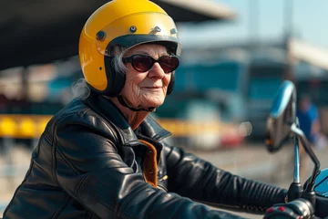 Zelfklevend Fotobehang Senior woman Couple On Motorcycle. Grandmother with yellow motorcycle helmet. Mature woman riding a motorbike on the highway. Senior woman rides motorcycle © Nataliia_Trushchenko
