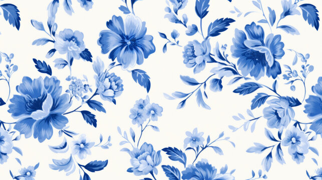 Blue flowers on white background in toile style
