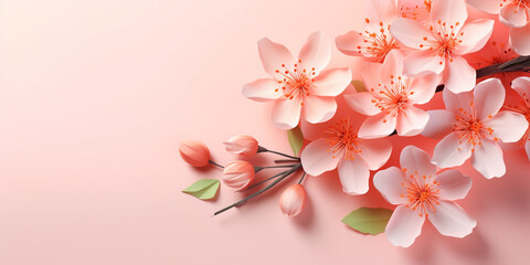 A pink wall with a pink background with a branch that has white flowers on it.
