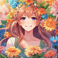Portrait of a Happy  Girl with Flowers