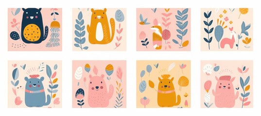 Baby posters collection. Baby animals pattern.  illustration with cute animals. Nursery baby pattern illustration, Generative AI 