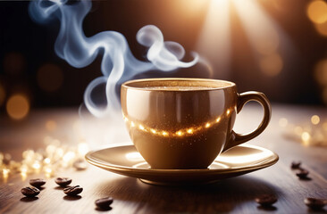 Cup of hot aromatic coffee with smoke on dark cozy brown background with grains. Beautiful glare and bokeh