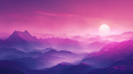A captivating purple gradient isolated background adorned with a picturesque picture frame showcasing a mountain view and the warm glow of the sun