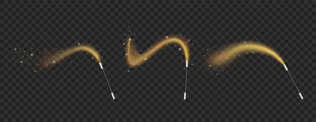 Magic wand isolated on black transparent background, magic wand with sparkle glitter trail. Vector illustration. © diluck