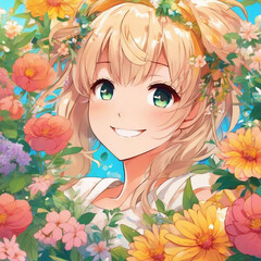 Portrait of a Happy  Girl with Flowers