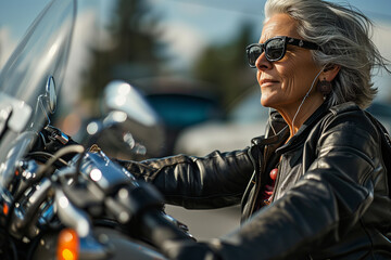 Senior woman Couple On Motorcycle. Mature woman riding a motorbike on the highway. Senior woman rides motorcycle. Woman wearing a leather jacket and gloves - obrazy, fototapety, plakaty