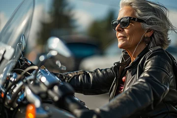 Zelfklevend Fotobehang Scooter Senior woman Couple On Motorcycle. Mature woman riding a motorbike on the highway. Senior woman rides motorcycle. Woman wearing a leather jacket and gloves