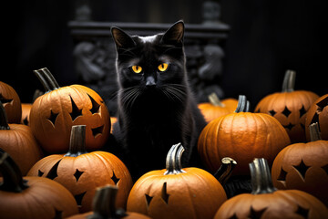 Photo of black cat standing among jack o lantern pumpkin faces