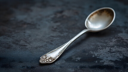 Antique Silver Spoon on Dark Textured Background, Vintage Elegance