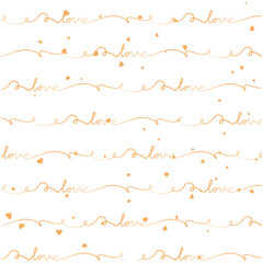 Seamless background with hearts on a hand-drawn line with the word 