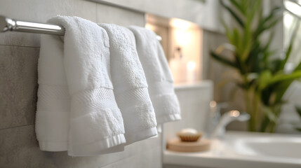 Fresh White Towels Hanging on a Rack in Bathroom
