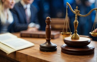 The scales of justice and gavel sit on a wooden table, with a group of bokeh people in the background