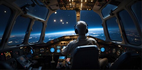 The pilot is operating the plane, in the night sky, the camera is shining from the pilot's cabin