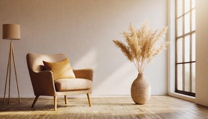 photo room decor with furniture in minimalist beige tones - obrazy, fototapety, plakaty