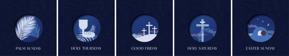 Blue Holy Week Icon Set. Palm Sunday, Maundy Thursday, Good Friday, Holy Saturday, Easter Sunday. Simple Lent Greeting Cards for holy week. Vector Illustration.