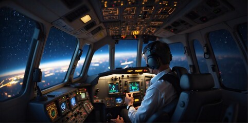 The pilot and co pilot are operating the plane, in the night sky, the camera shines from the pilot...