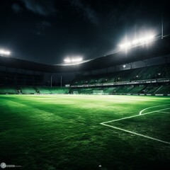 A large empty green playground, a multi-purpose grass stadium illuminated by floodlights in the dark at night.