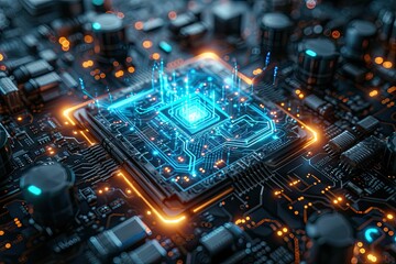 Obraz premium Illuminated Circuit Board with Central Processor