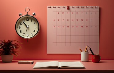 Vintage alarm clock beside a wall calendar in a tidy workspace setup