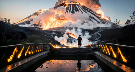 Image of a male scientist against the background of a volcanic eruption.