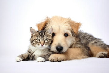 Fototapeta na wymiar Photo of cute cat and dog hugging each other