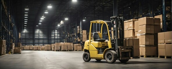 forklift running carrying pallet boxes, at the logistics distribution center, at night - obrazy, fototapety, plakaty